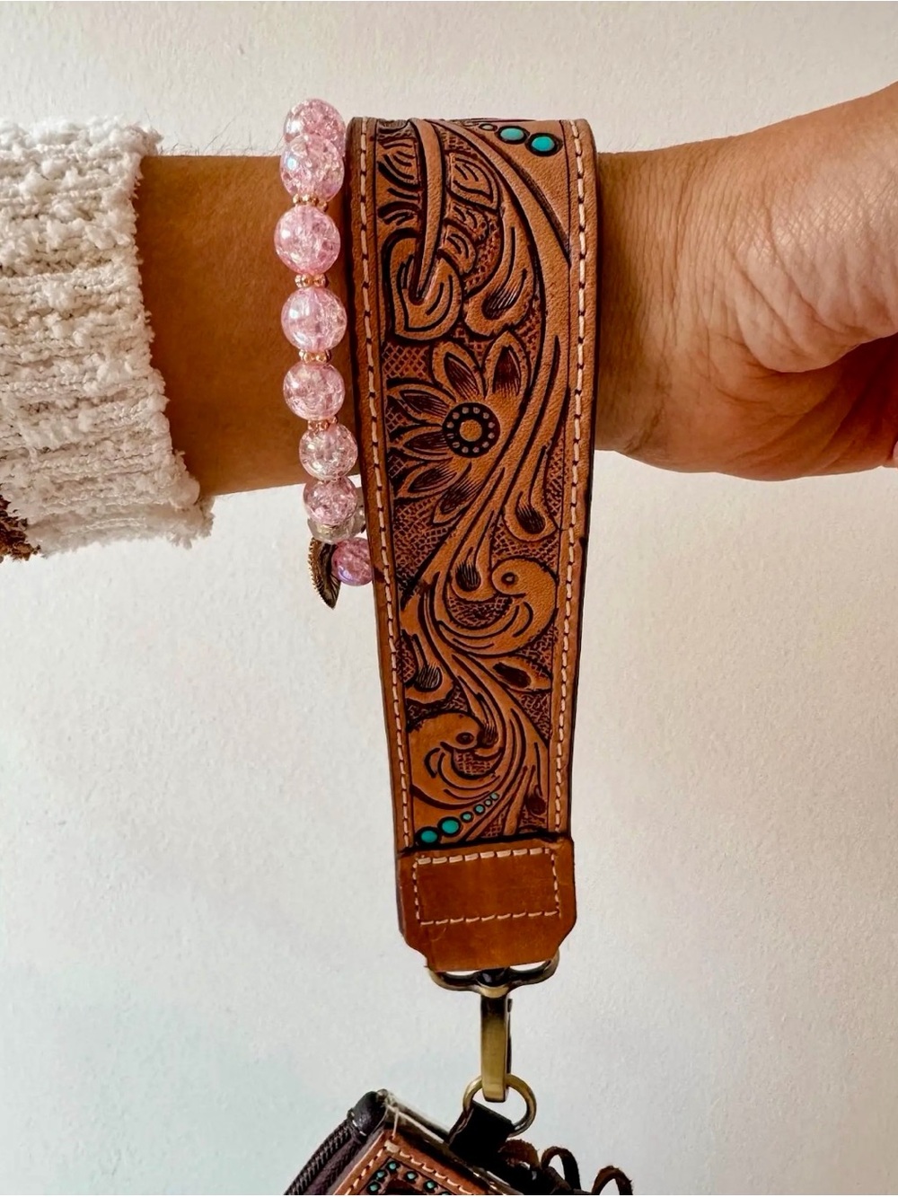 NWT Hand Tooled Brown Leather Chunky Keychain Key Fob With Turquoise Accents